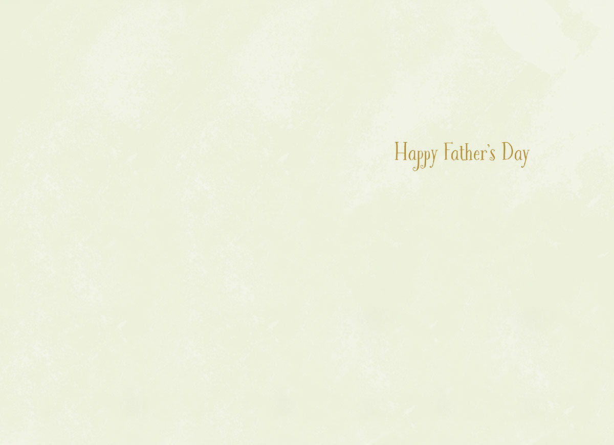 Inside of a simple, elegant cream-colored Father's Day greeting card with 'Happy Father's Day' printed in delicate gold script in the upper right corner, offering space for a personalized message.
