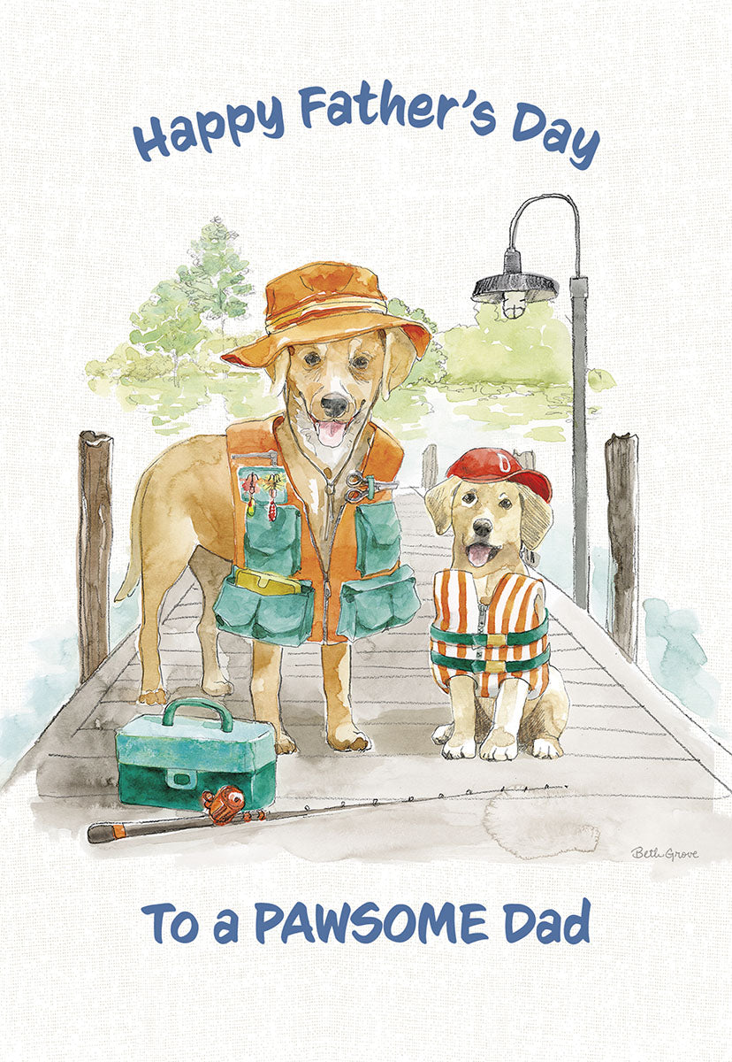 Happy Father's Day greeting card featuring a dad dog and his pup on a dock with fishing gear, saying 'To a PAWSOME Dad'.