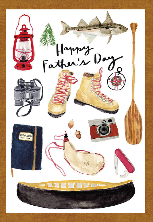 Front of Father's Day greeting card with watercolor illustrations of outdoor items like boots, lantern, fish, canoe paddle, and compass.