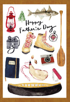 Father's Day greeting card front featuring watercolor illustrations of outdoor adventure gear: red lantern, binoculars, hiking boots, compass, field notes journal, canteen, vintage camera, pocket knife, canoe, paddle, and a fish, with 'Happy Father's Day' text.