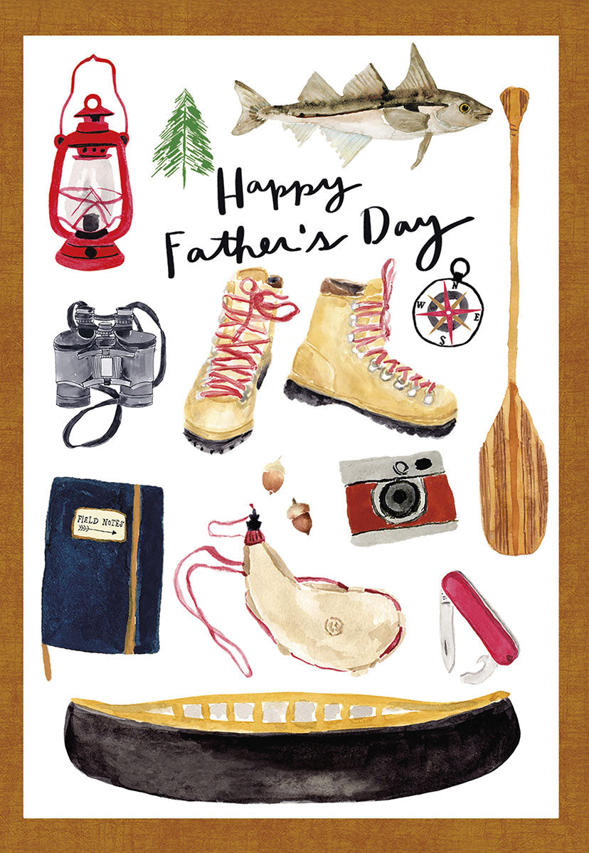 Father's Day greeting card front featuring watercolor illustrations of outdoor adventure gear: red lantern, binoculars, hiking boots, compass, field notes journal, canteen, vintage camera, pocket knife, canoe, paddle, and a fish, with 'Happy Father's Day' text.