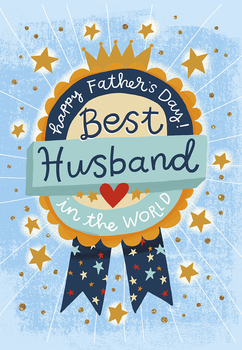 Father's Day greeting card front with a blue and gold award ribbon. The ribbon features a crown and text 'Happy Father's Day! Best Husband in the World' surrounded by sparkling gold stars on a light blue background.