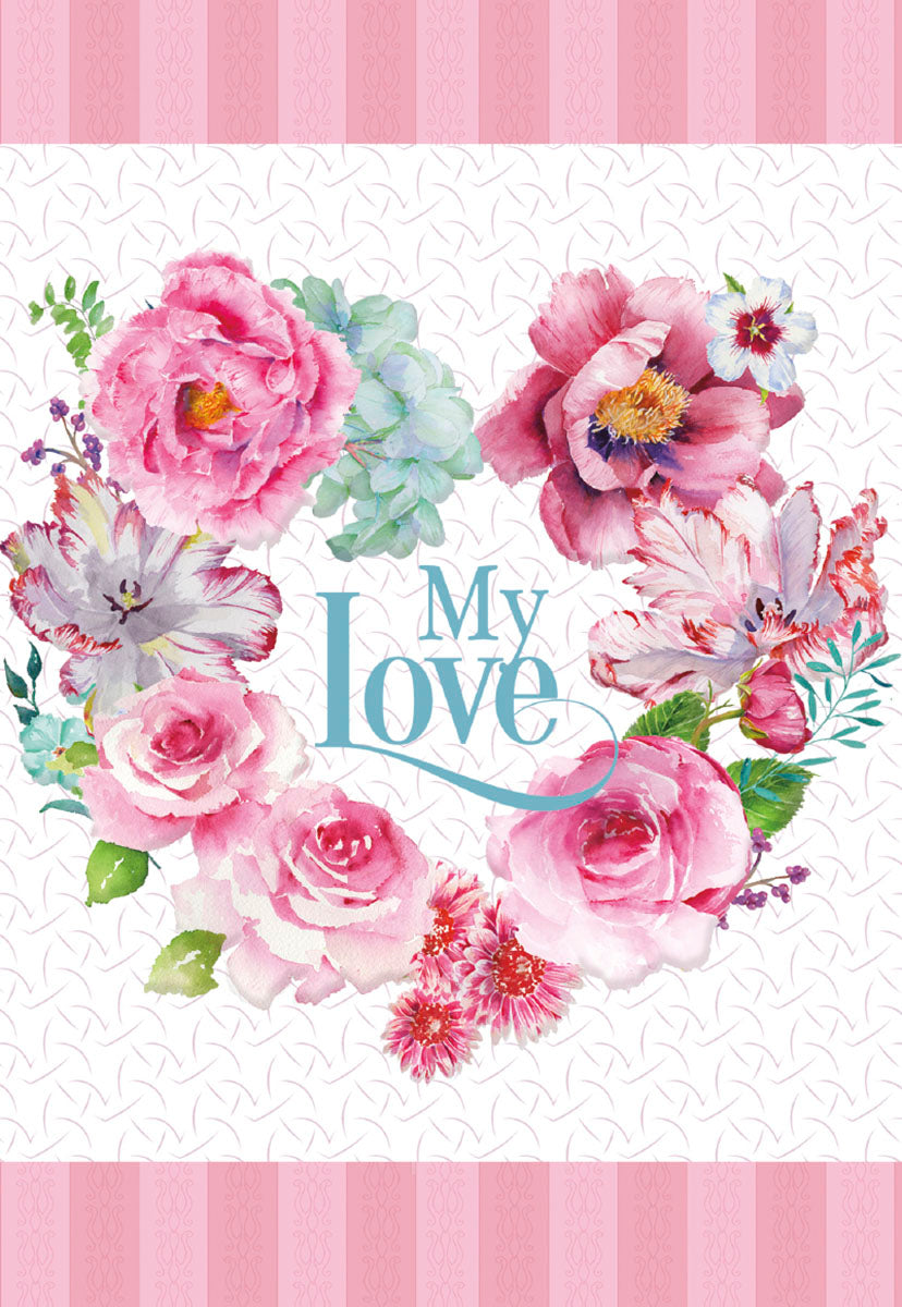 Watercolor floral heart design greeting card for her, featuring pink peonies, roses, and hydrangeas with 'My Love' text, ideal for a romantic partner.
