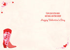 Inside of a Valentine's Day card with a smaller pink cowboy boot, hearts, and romantic text: 'I love you to the stars and back, and then some! Happy Valentine's Day.' Perfect for a spouse.