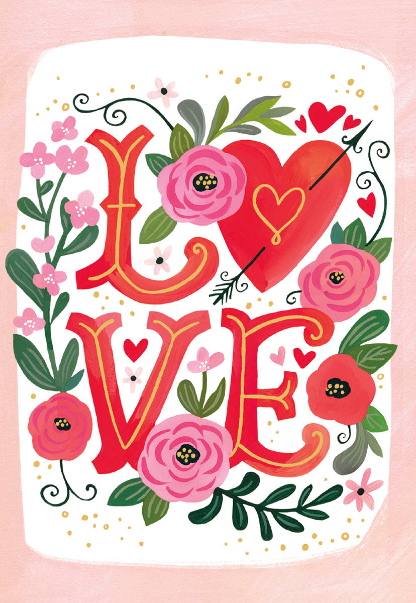 Front of a Valentine's Day card with 'LOVE' in decorative floral art, surrounded by pink and red hearts and flowers.