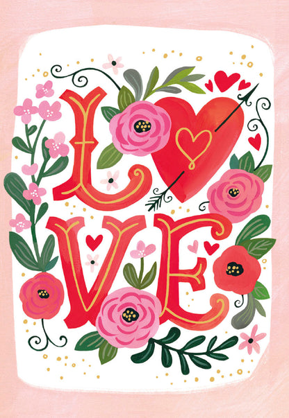 Front of a Valentine's Day card with 'LOVE' in decorative floral art, surrounded by pink and red hearts and flowers.