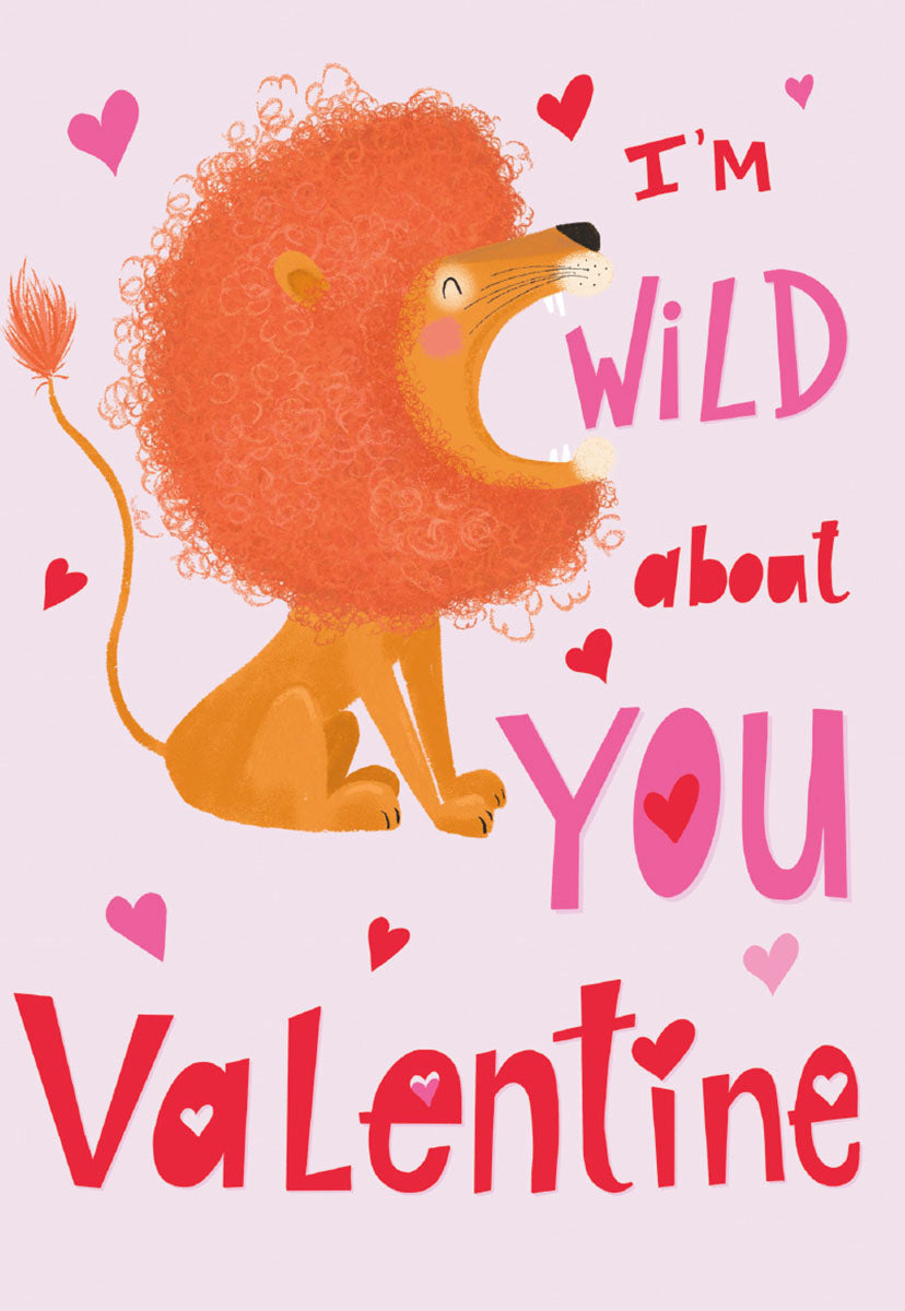 Cute lion greeting card with 'I'm Wild About You Valentine' text, pink and red hearts on a light pink background, perfect for kids' affection.