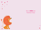 Interior of a sweet Valentine's Day card for kids, featuring a small cartoon lion looking left, with the message 'Have a ROARsome Valentine's Day!' and scattered pink hearts on a light pink background.