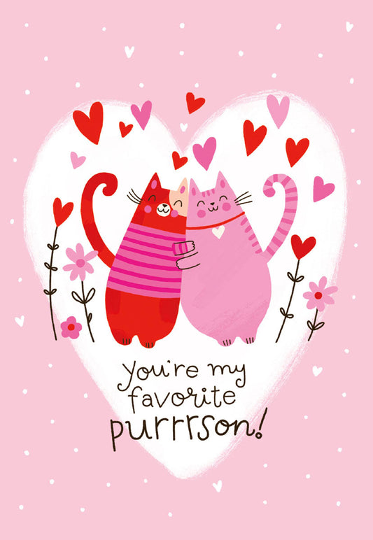 Cute red and pink cats hugging in a heart on a pink background, with small hearts and flowers. Text: 'You're my favorite purrrson!'