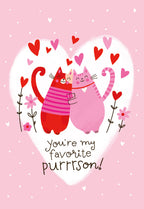 Cute Valentine's Day greeting card featuring two hugging cartoon cats (one red, one pink) inside a heart, with text 'You're my favorite purrrson!'. Ideal for spouse or loved ones.