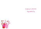 Inside view of a romantic cat-themed Valentine's card, showing 'You might say I'm a smitten kitten! Happy Valentine's Day' text and small hugging cat illustration.