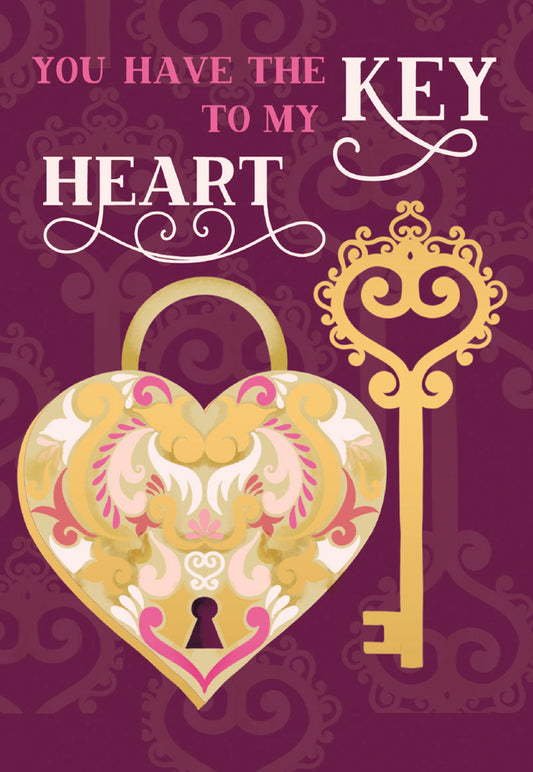 Ornate gold key and heart-shaped lock on a rich purple background with 'You have the key to my heart' in white and pink text.