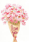 Front of a romantic Valentine's Day greeting card for her, featuring a beautiful watercolor bouquet of pink and red flowers wrapped in a brown paper cone, with "love you" in elegant red script.