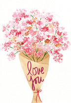 Front of a romantic Valentine's Day greeting card for her, featuring a beautiful watercolor bouquet of pink and red flowers wrapped in a brown paper cone, with "love you" in elegant red script.