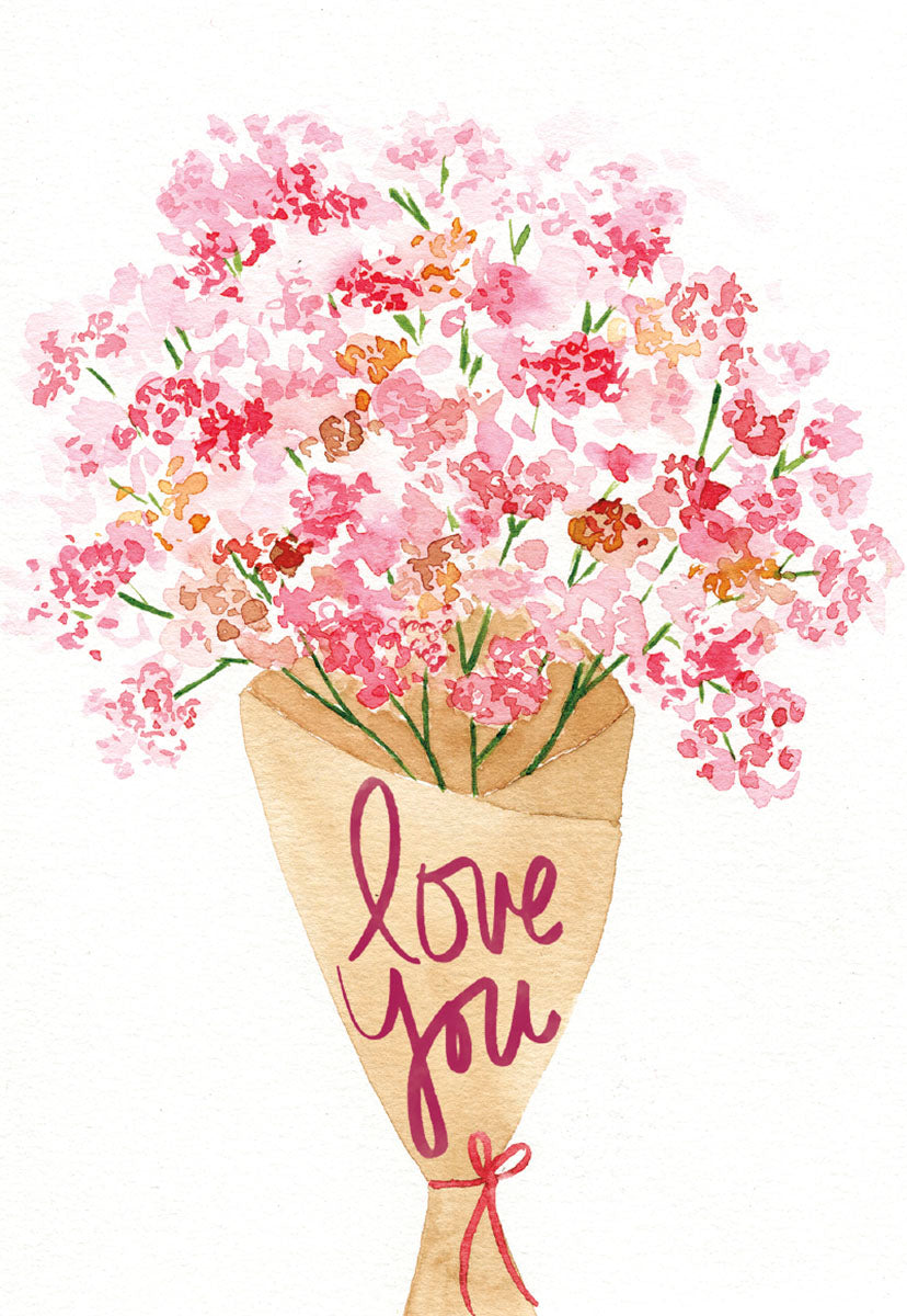 Front of a romantic Valentine's Day greeting card for her, featuring a beautiful watercolor bouquet of pink and red flowers wrapped in a brown paper cone, with "love you" in elegant red script.