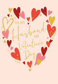 Romantic Valentine's Day greeting card for husband, featuring a large heart design made from smaller red, pink, and gold glitter hearts on a soft pink background. Gold script text reads 'TO MY Husband ON Valentine's Day', perfect for expressing love.