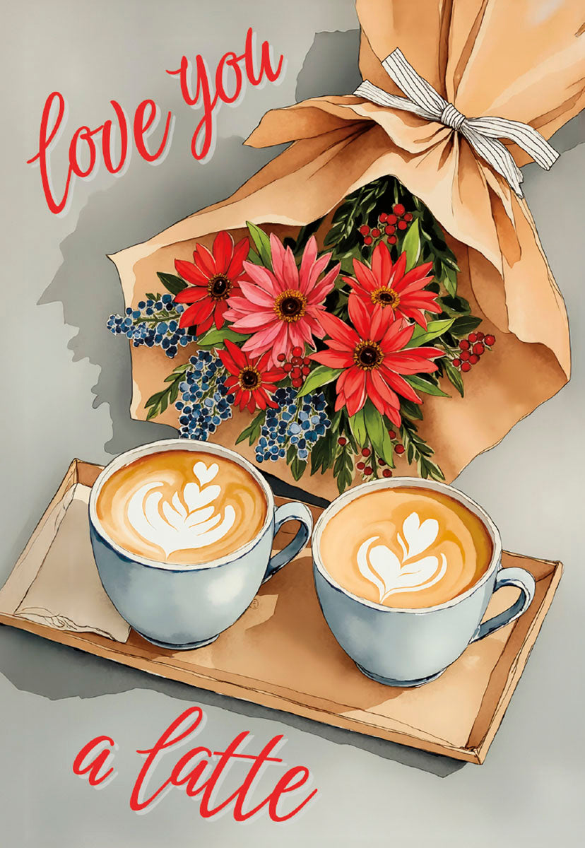 Front of a romantic greeting card featuring two coffee cups with heart latte art on a wooden tray, beside a vibrant bouquet of red and pink flowers with blue berries. The card reads 'love you a latte' in stylish red script.