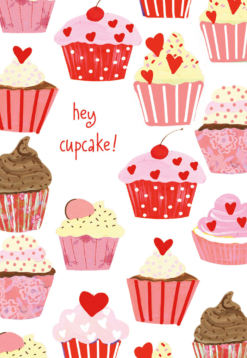 Assorted cupcakes with pink, red, and brown frosting, hearts, and sprinkles, featuring "hey cupcake!" text on a white background. Charming sweet treat design.