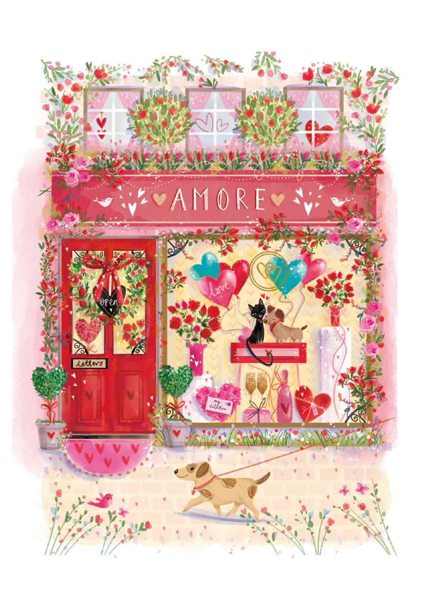 A charming, vibrant storefront with an 'AMORE' sign, overflowing with red flowers, heart balloons, and cute pets (a dog on a leash and a cat in the window), depicting a romantic Valentine's Day scene.