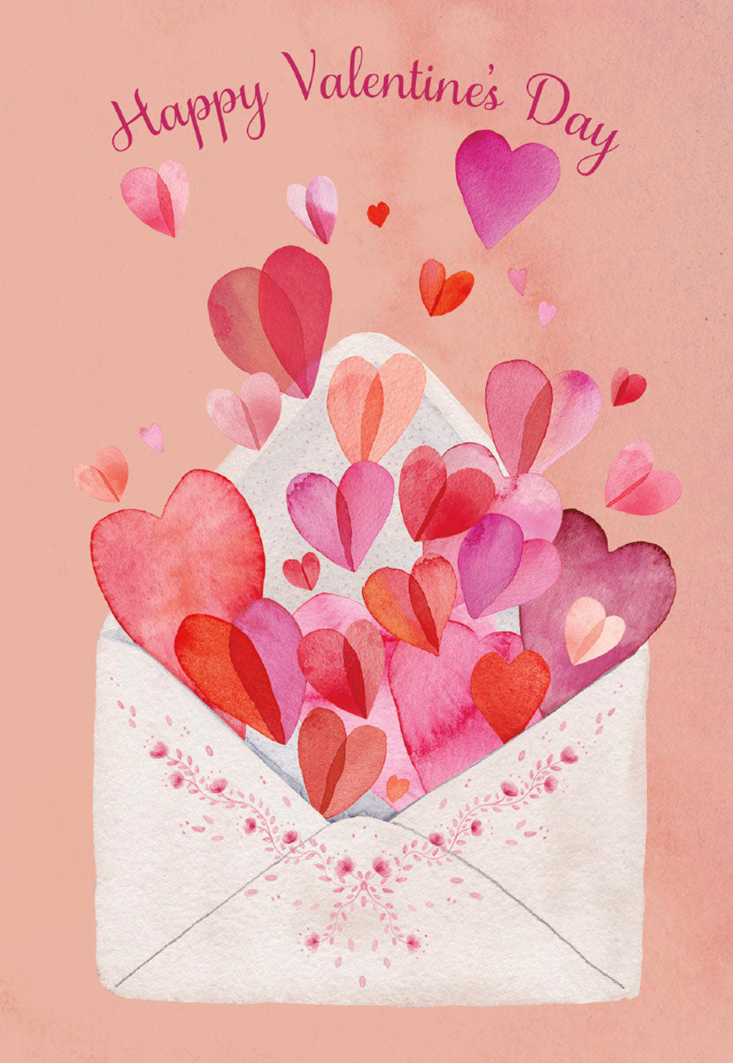 Watercolor greeting card front featuring an open envelope overflowing with various shades of pink and red hearts, with 'Happy Valentine's Day' script text above. Perfect for a spouse or loved one.