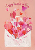 Watercolor greeting card front featuring an open envelope overflowing with various shades of pink and red hearts, with 'Happy Valentine's Day' script text above. Perfect for a spouse or loved one.