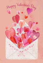 Watercolor greeting card front featuring an open envelope overflowing with various shades of pink and red hearts, with 'Happy Valentine's Day' script text above. Perfect for a spouse or loved one.