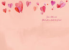 Inside of a romantic greeting card with scattered watercolor hearts and the message 'Just a little note filled with a whole lot of love!' ideal for a spouse or partner.