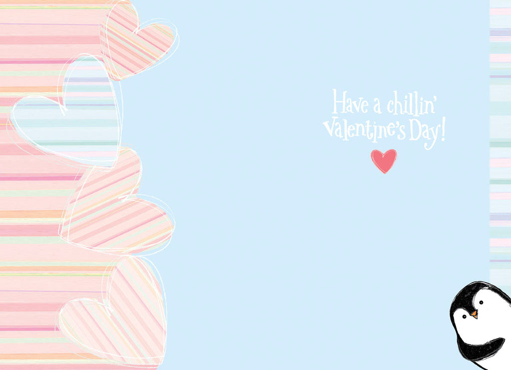 Inside of a lighthearted Valentine's greeting card with a light blue background, striped border, and a peeking penguin. Text reads 'Have a chillin' Valentine's Day!' with a small pink heart.