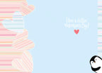 Inside of a lighthearted Valentine's greeting card with a light blue background, striped border, and a peeking penguin. Text reads 'Have a chillin' Valentine's Day!' with a small pink heart.