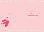 Inside of a funny Valentine's card with a small rollerskating flamingo and text: 'Hope you have a day that's as much fun as you are! Happy Valentine's Day'.
