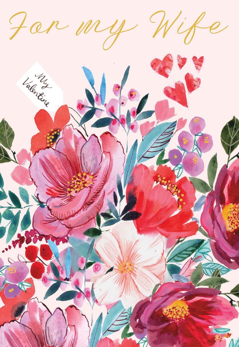 Beautiful watercolor floral Valentine's card for wife featuring pink and red blooms, blue leaves, 'For my Wife' text, and red hearts.