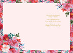 Open romantic Valentine's Day greeting card for wife with heartfelt message: 'My love for you only grows stronger with time. I am so thankful for you, for us, and for the life we share. Happy Valentine's Day', surrounded by an elegant watercolor floral border.