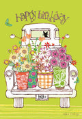 Charming 'Happy Birthday' greeting card featuring a vintage white pickup truck overflowing with vibrant, colorful flowers in patterned pots, with a peek of a black cat in the rear window, set against a cheerful lime green background with playful butterflies. Perfect for a loved one.