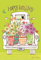 Charming 'Happy Birthday' greeting card featuring a vintage white pickup truck overflowing with vibrant, colorful flowers in patterned pots, with a peek of a black cat in the rear window, set against a cheerful lime green background with playful butterflies. Perfect for a loved one.
