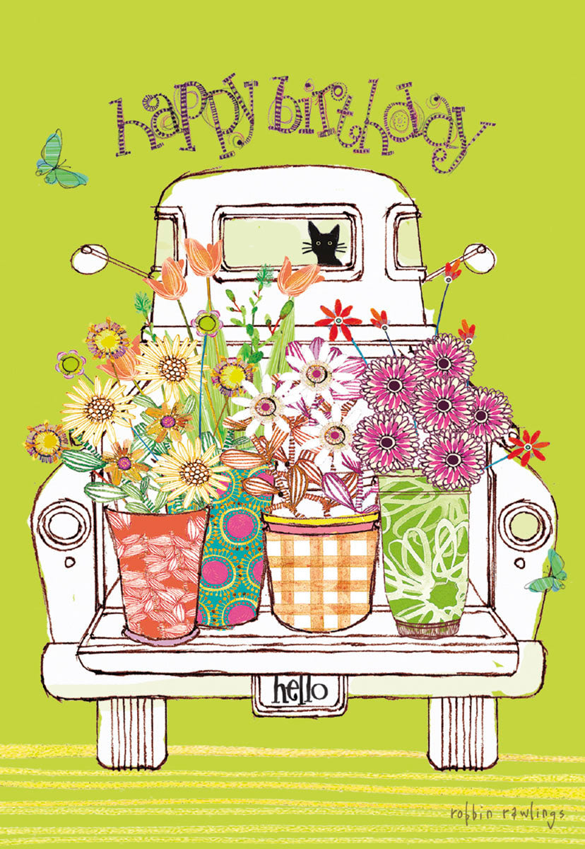 Charming 'Happy Birthday' greeting card featuring a vintage white pickup truck overflowing with vibrant, colorful flowers in patterned pots, with a peek of a black cat in the rear window, set against a cheerful lime green background with playful butterflies. Perfect for a loved one.