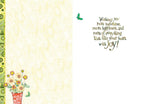 Open view of a 'Happy Birthday' card interior, showing a gentle cream-colored background, a small floral bouquet in a red pot, and the heartfelt message: 'Wishing you more sunshine, more happiness, and more of everything that fills your heart with joy!'