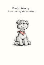 Front of a humorous greeting card featuring a hand-drawn, cute white puppy with a red bandana, looking satisfied. Text reads: 'Don't Worry. I ate some of the candles...'