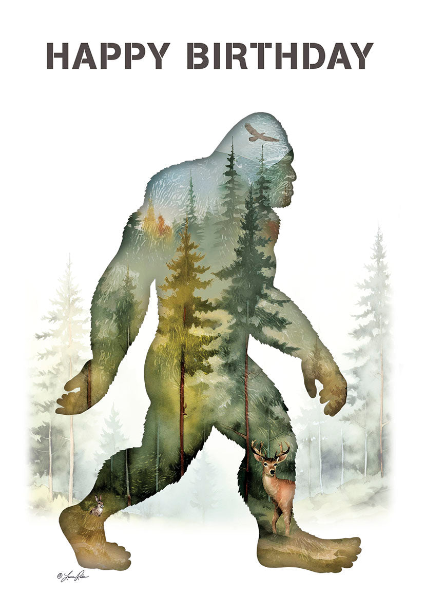 Watercolor Bigfoot greeting card front with forest scene, deer, and eagle inside silhouette, text 'HAPPY BIRTHDAY'.