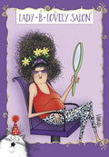 Funny greeting card for her featuring a cartoon woman with wild curly hair, sunglasses, and a mirror in a 'Lady-B-Lovely Salon', with a surprised white cat in a party hat. Perfect for a friend's special day.
