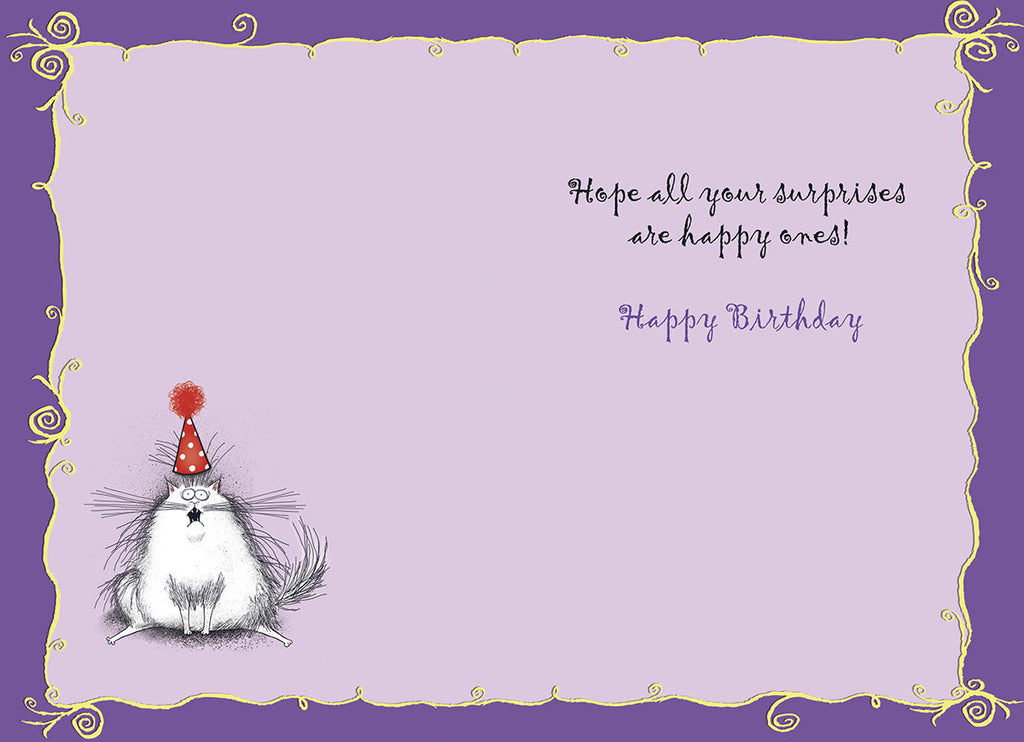 Inside of a funny greeting card with a light purple background and decorative border, featuring a cute surprised white cat in a party hat and the message 'Hope all your surprises are happy ones! Happy Birthday'.
