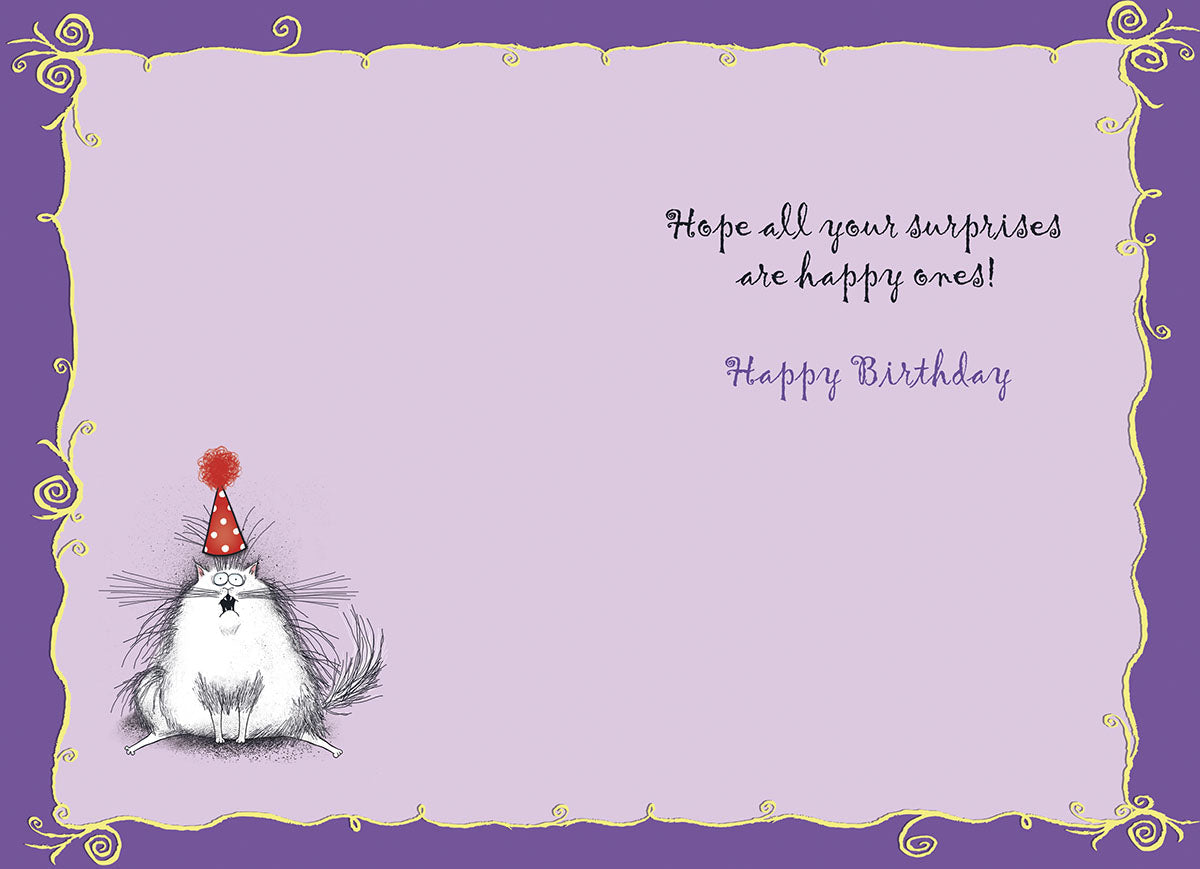 Inside of a funny greeting card with a light purple background and decorative border, featuring a cute surprised white cat in a party hat and the message 'Hope all your surprises are happy ones! Happy Birthday'.