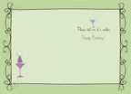Inside of a humorous birthday card for a friend, showing a purple martini glass icon and the witty message 'Please tell me it's vodka. Happy Birthday!'