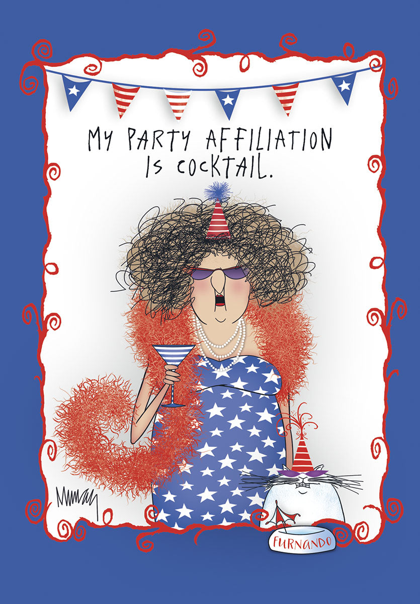 Front of a sassy birthday greeting card featuring a cartoon woman in sunglasses, a red boa, a star-spangled dress, and a party hat, holding a martini. Text reads: "MY PARTY AFFILIATION IS COCKTAIL." A small cat named Furnando also wears a party hat. The card has a decorative red and blue border with star banners.