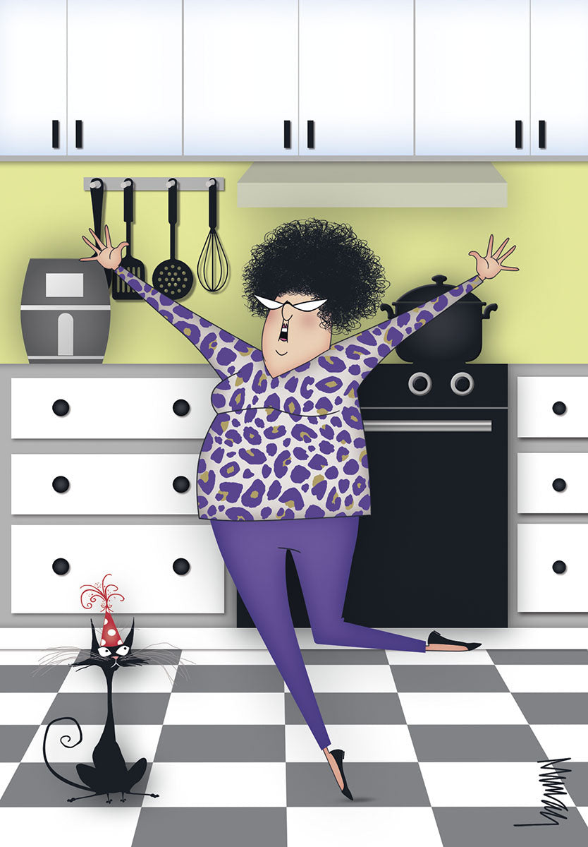 Funny birthday card featuring a vivacious woman with big hair in leopard print and purple pants, celebrating with arms outstretched in a kitchen, next to a black cat wearing a tiny party hat. The scene conveys joyful, relatable adult birthday humor.