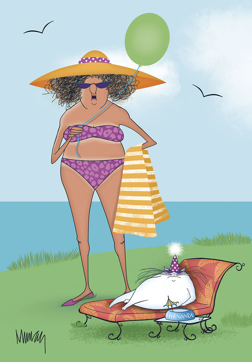 Funny birthday card cover featuring a cartoon woman in a purple leopard print bikini, large orange sun hat, and sunglasses, holding a green balloon by the beach. A small white cat wearing a party hat relaxes on a red lounge chair beside her.