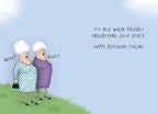 Inside view of a funny birthday card for a friend, showing the same two elderly women from the front cover with speech bubbles saying 'What? What?', alongside text that reads 'IT'S NICE WHEN FRIENDS UNDERSTAND EACH OTHER. HAPPY BIRTHDAY, FRIEND.', against a clear blue sky background.