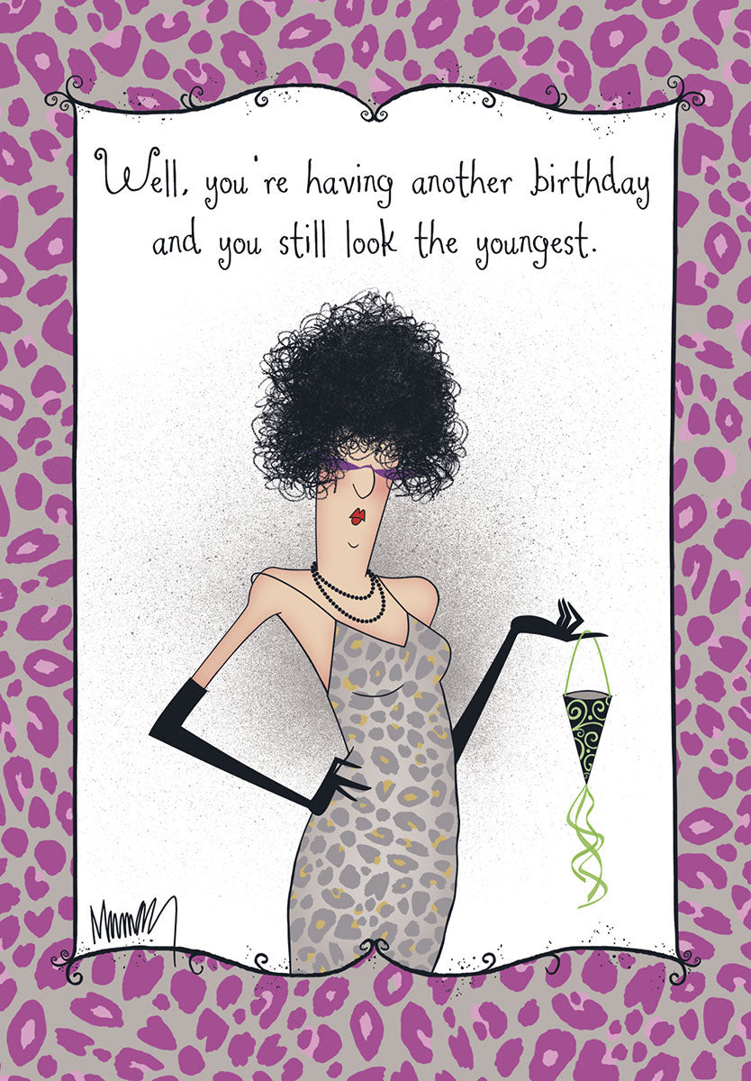 Funny greeting card featuring a stylish cartoon woman with a large afro, sunglasses, leopard print dress, and long black gloves, jokingly saying 'you still look the youngest', set against a purple leopard print background. Ideal for a female friend's birthday.