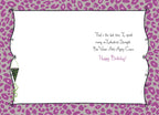 Inside of a humorous birthday greeting card, revealing the witty punchline 'That's the last time I spend money on Industrial Strength Bee Venom Anti-Aging Cream. Happy Birthday!' against a playful purple leopard print border.