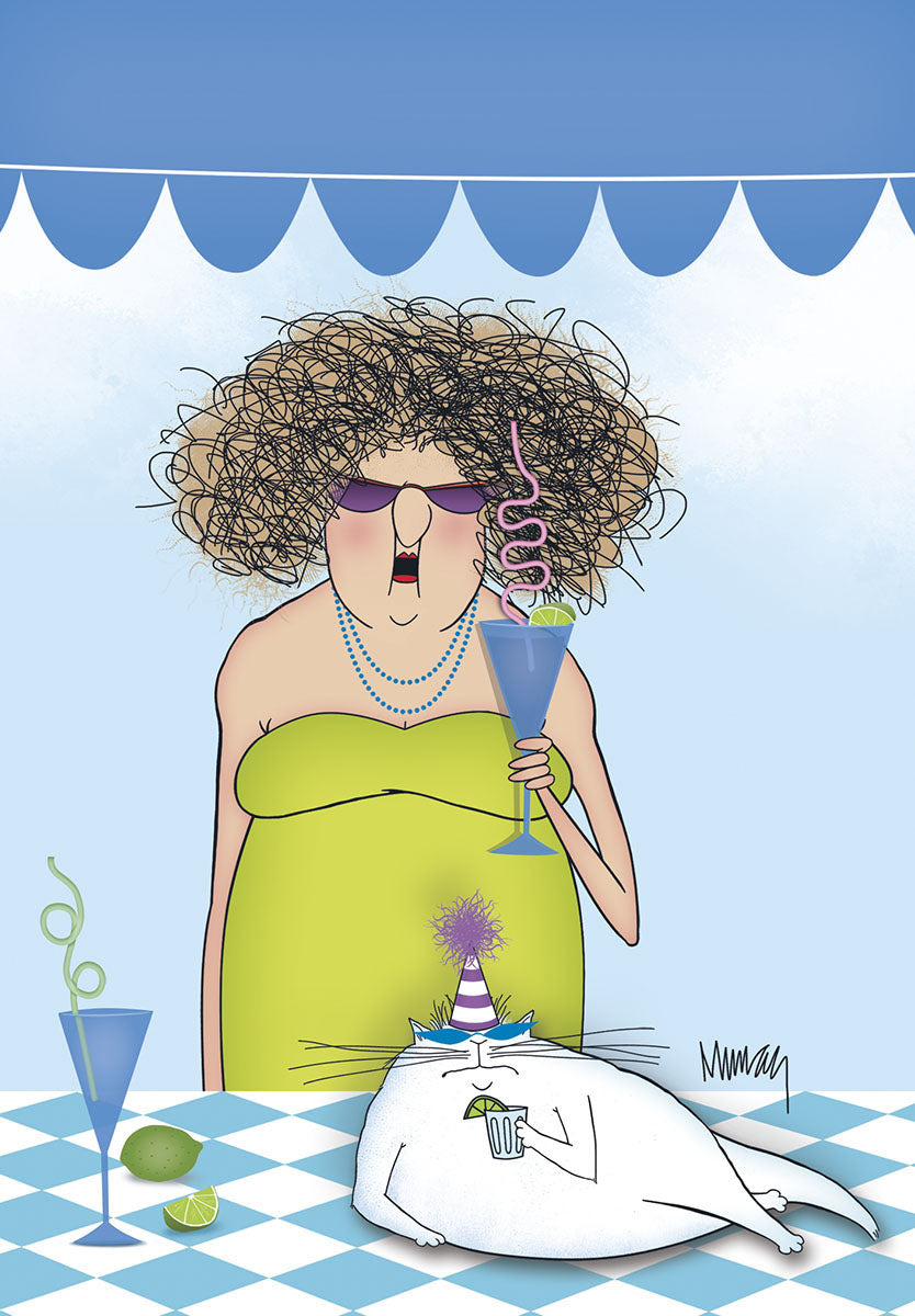 Funny birthday card showing a humorous illustration of a woman in a green dress and a white cat in a party hat, both appearing tipsy with cocktails, on a blue background with a white checkered table. Perfect for friend or her.