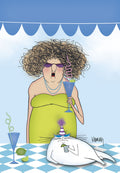 Funny birthday card showing a humorous illustration of a woman in a green dress and a white cat in a party hat, both appearing tipsy with cocktails, on a blue background with a white checkered table. Perfect for friend or her.